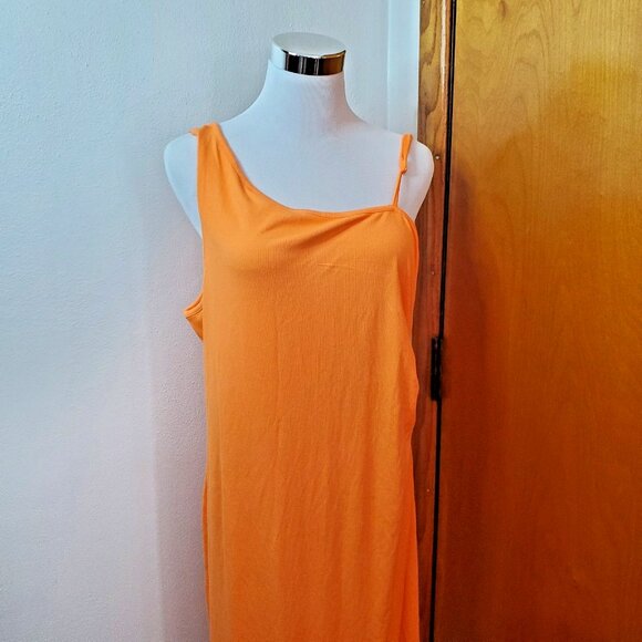 Women's 2X Orange Dress Madden NYC Asymmetrical Neckline Shirred Side Cut Out - Picture 6 of 14